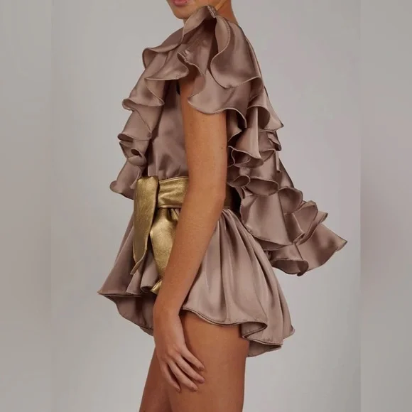 Women Elegant Ruffles Solid Jumpsuit In Khaki Sizes S - Picture 4 of 6